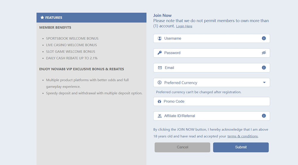 Nova88 registration step 2